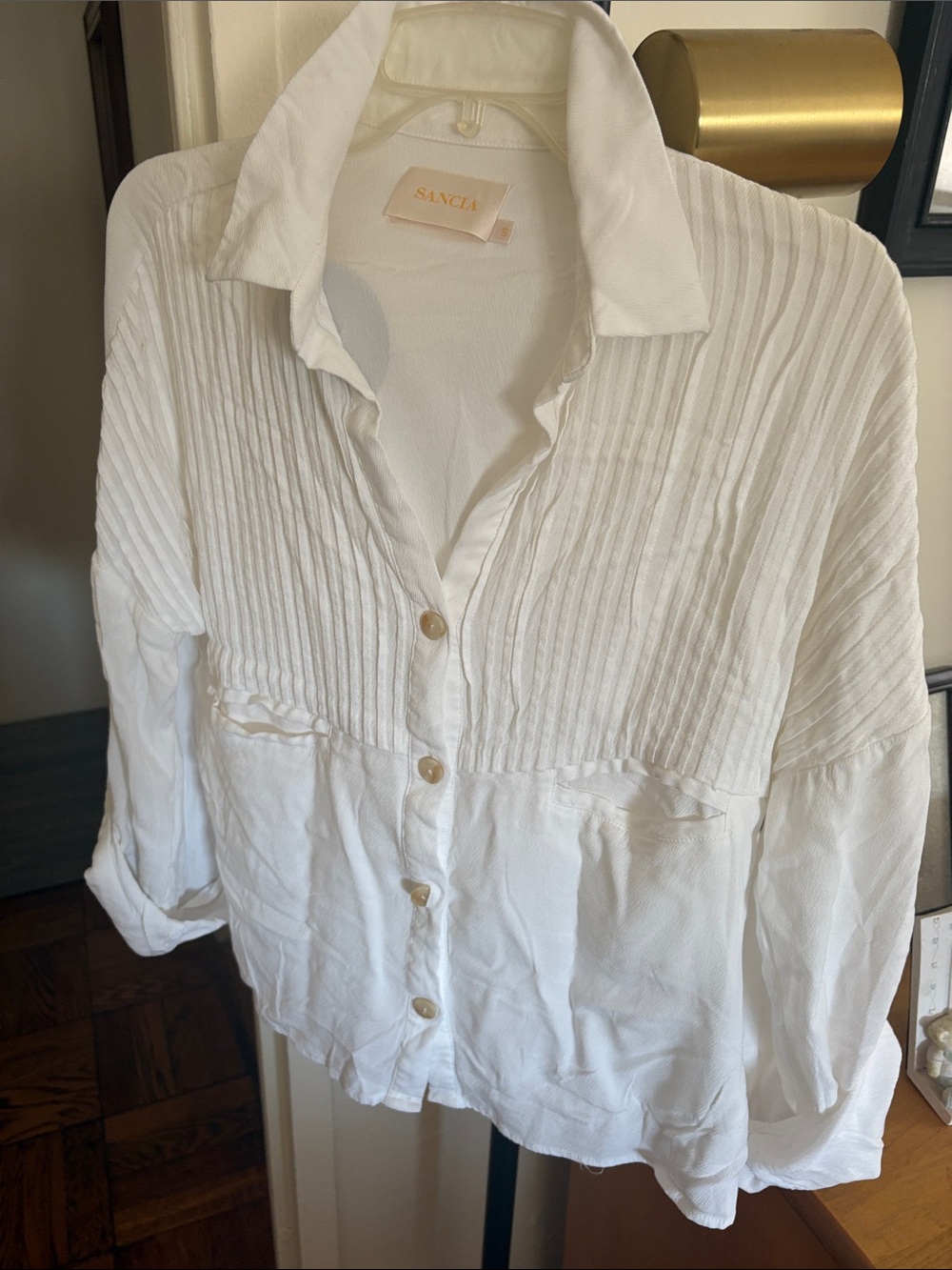 Sancia White Button-Front Pleated Blouse